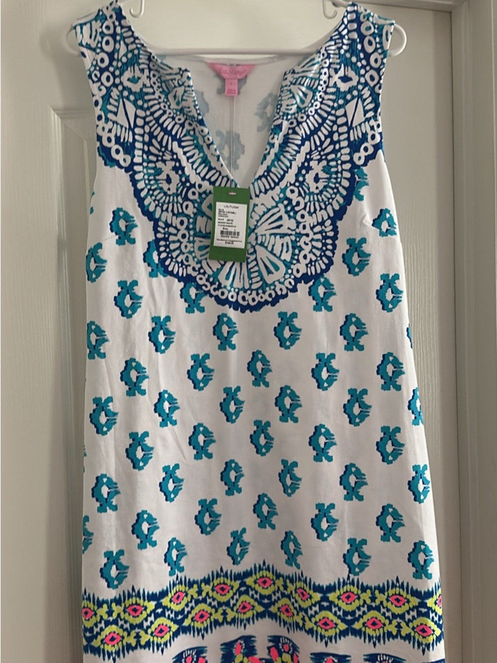 Lilly Pulitzer White Sleeveless Shift with Blue & Aqua Embroidery
